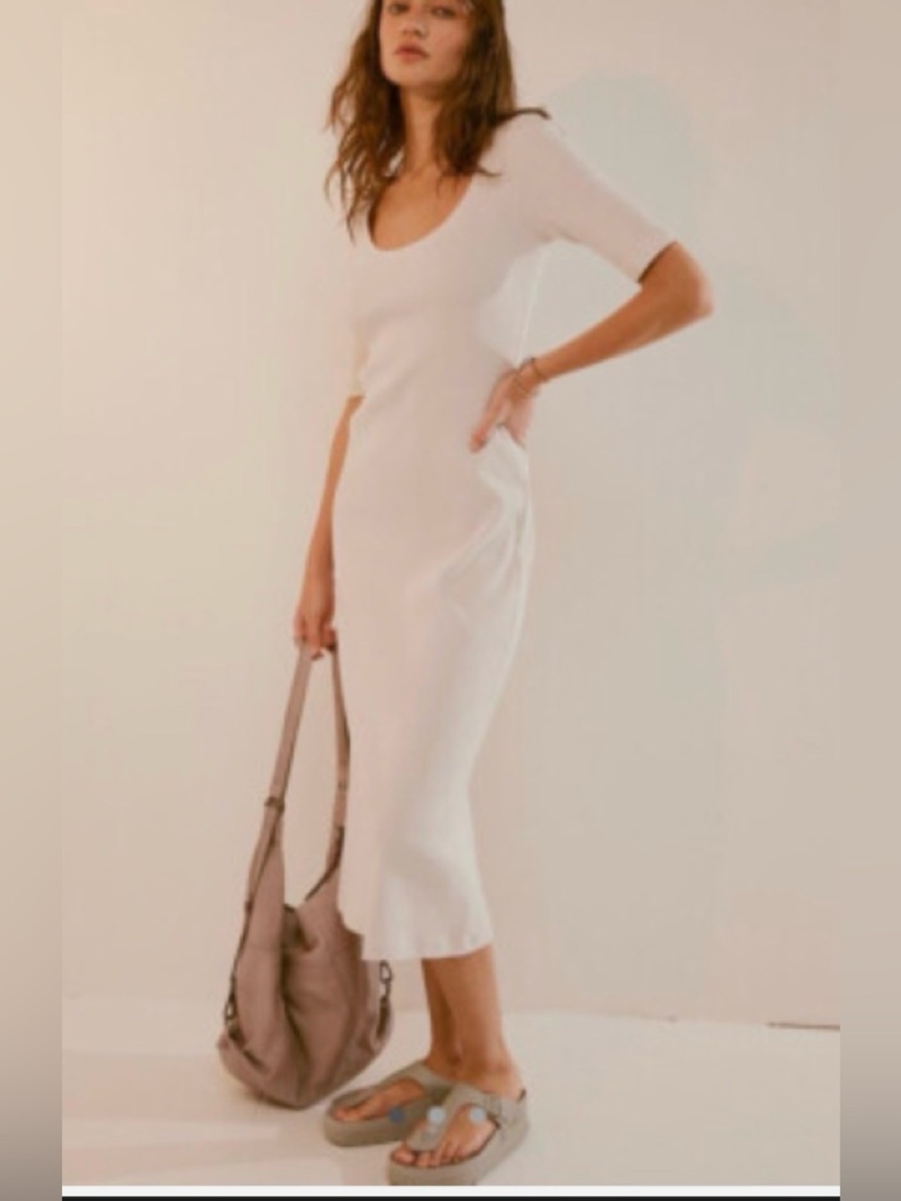 Free People FP Beach Avery Ribbed Midi Dress White Sands Med NWOT *small flaw